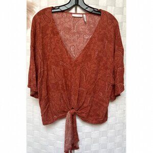 LUQ Paisley Tie Front Burnt Orange Blouse Top Size XXL